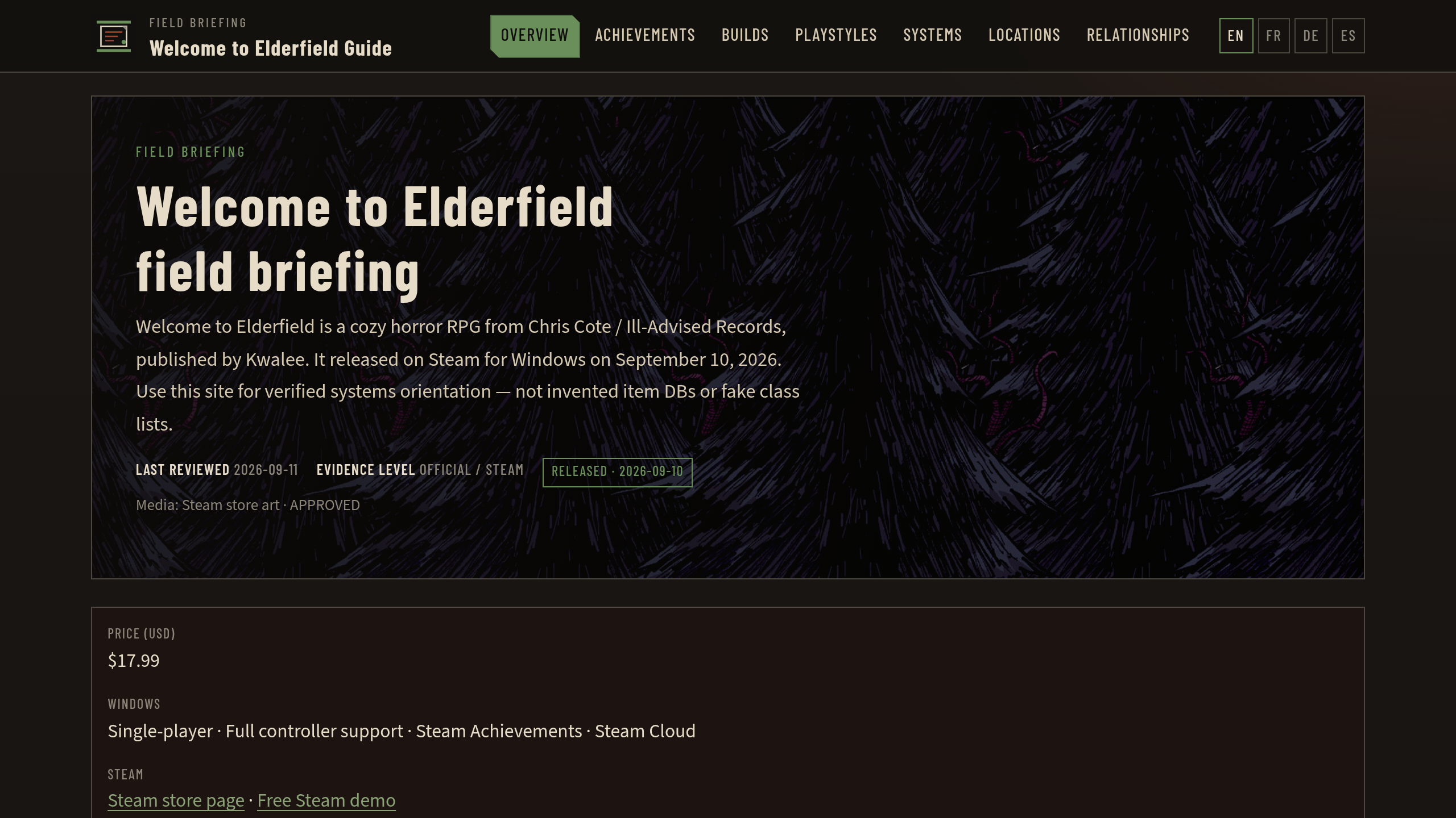 Welcome to Elderfield website homepage screenshot